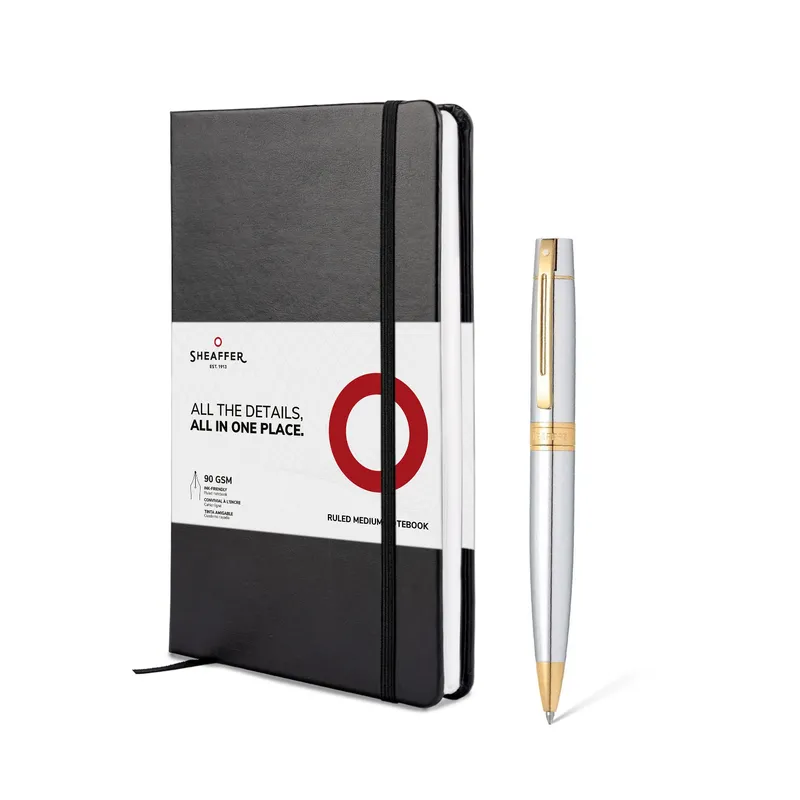 Sheaffer Gift Set 300 9342 Ballpoint Pen with Medium Notebook Bright Chrome with Gold Trims