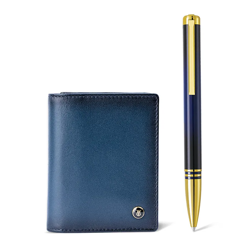 Lapis Bard Gift Set Torque Ballpoint Pen with Ducorium Business Card Holder - Blue with Gold Trims