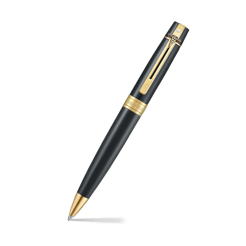 Sheaffer 300 9325 Glossy Black Ballpoint Pen With Gold Trim and Doctor Emblem