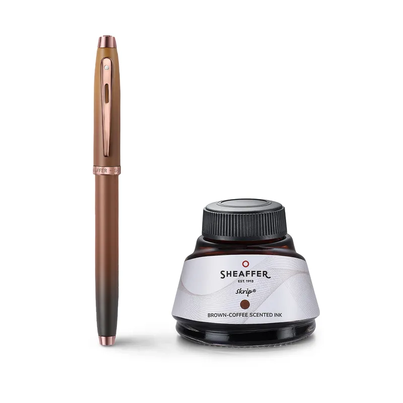 Sheaffer Gift Set 100 9374 Coffee Edition Fountain Pen (Medium) with Regal Brown PVD Trims and Coffee Scented Skrip Ink (50 ml)