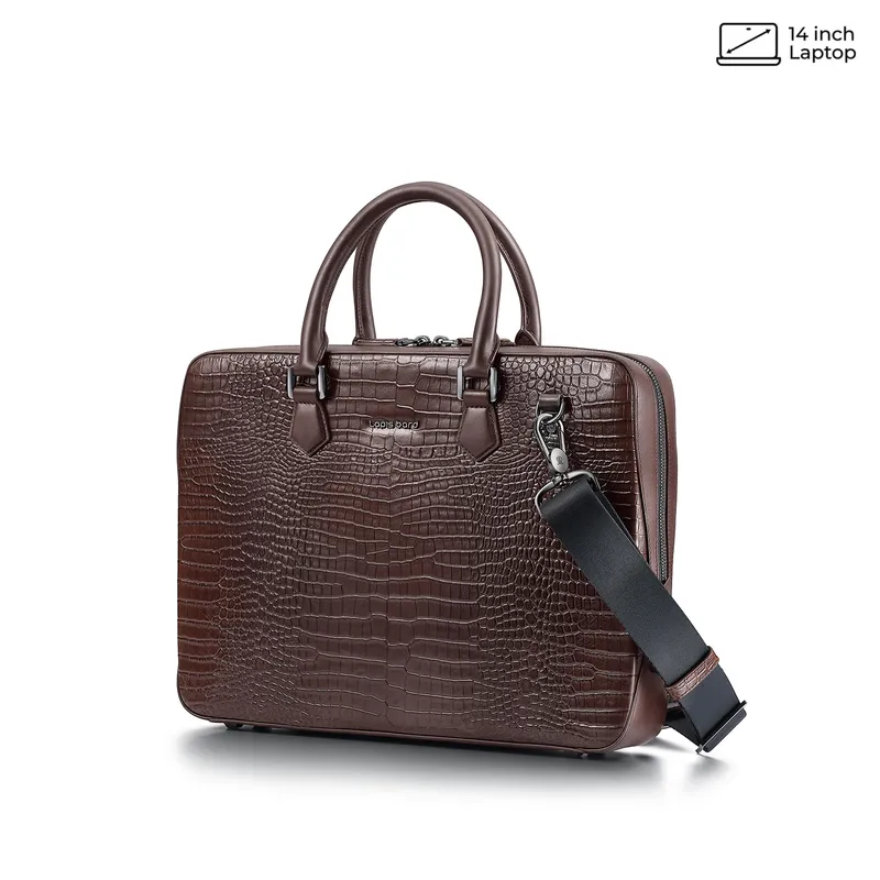Lapis Bard Mandeville 14-inch Croc-Textured Single Compartment Laptop Bag - Dark Brown