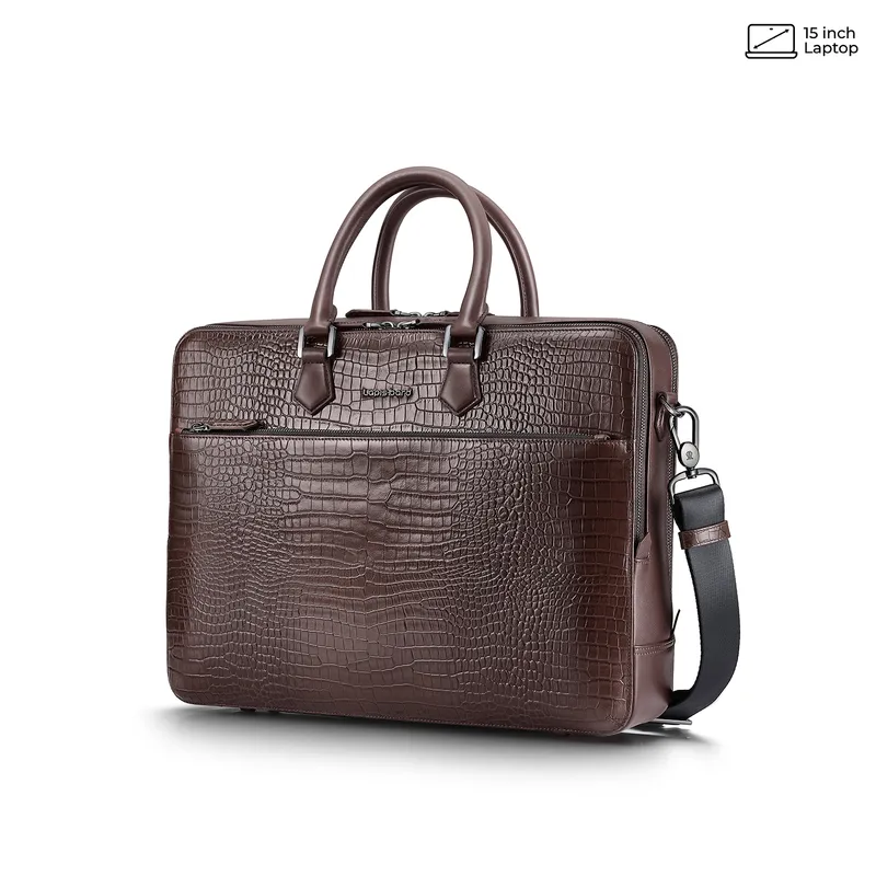 Lapis Bard Mandeville 15-inch Croc-Textured Double Compartment Laptop Bag - Dark Brown
