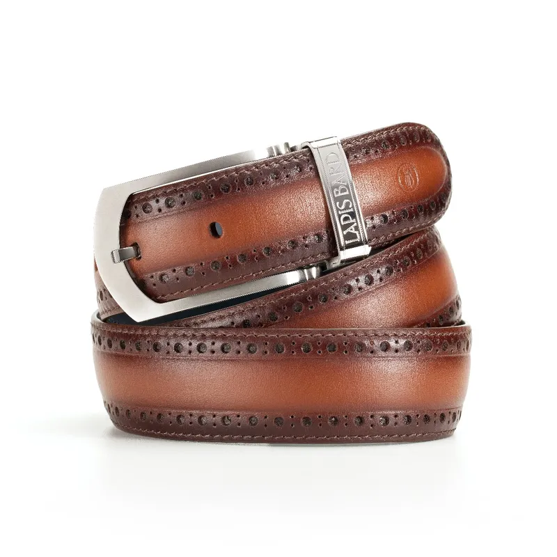 Lapis Bard Ducorium Southwark Belt 35mm Palladium Plated Buckle with Brogue on Two tone Leather Strap - Cognac