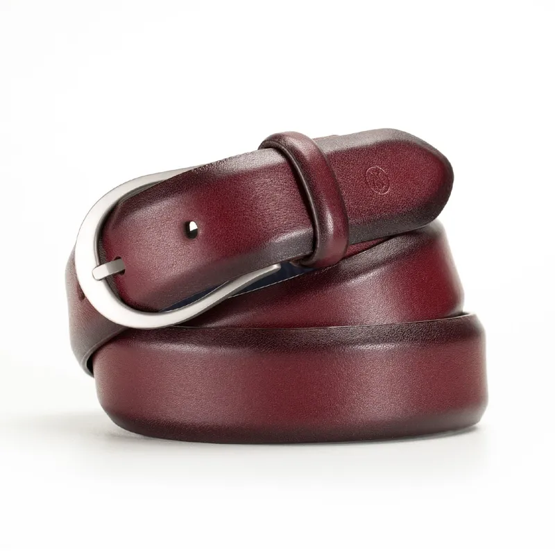 Lapis Bard Sullivan Belt Satin Silver 35mm Buckle with Two tone leather strap - Merlot