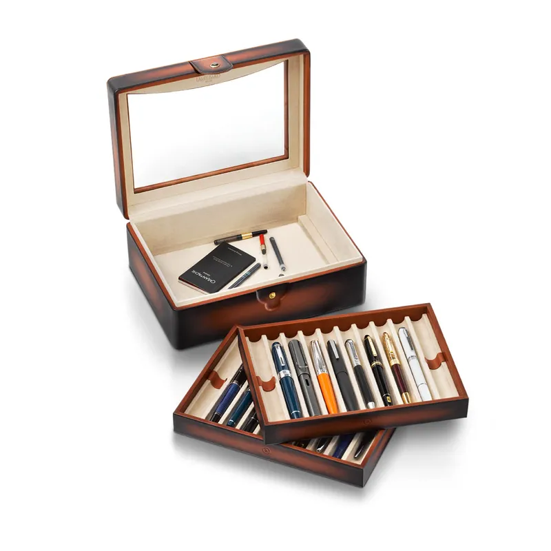 Lapis Bard Hemingway Dual-Tone Pen Chest with Plexiglas Top (20 Pen Capacity) - Cognac