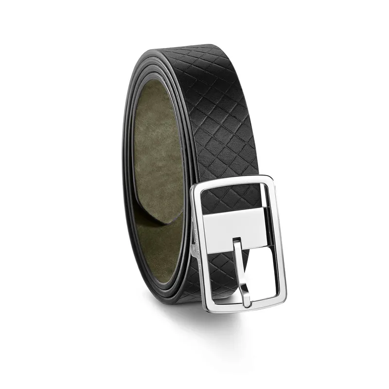 Lapis Bard Embossed Leather Wellington Belt with Chrome Buckle - Black