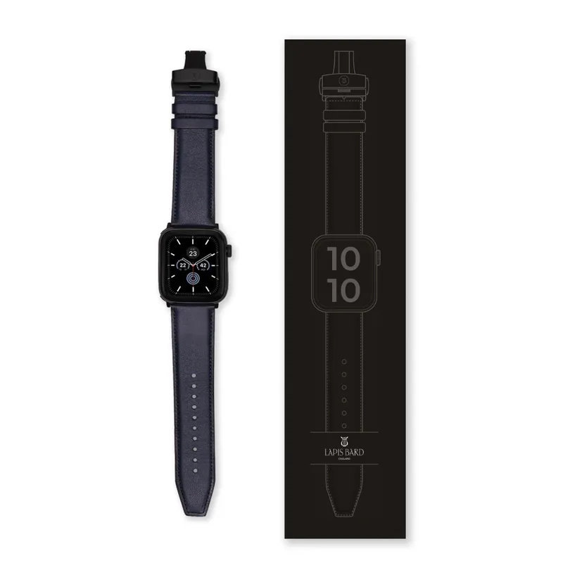 Lapis Bard Classic Leather Apple Watch Strap with Deployment - Navy Blue