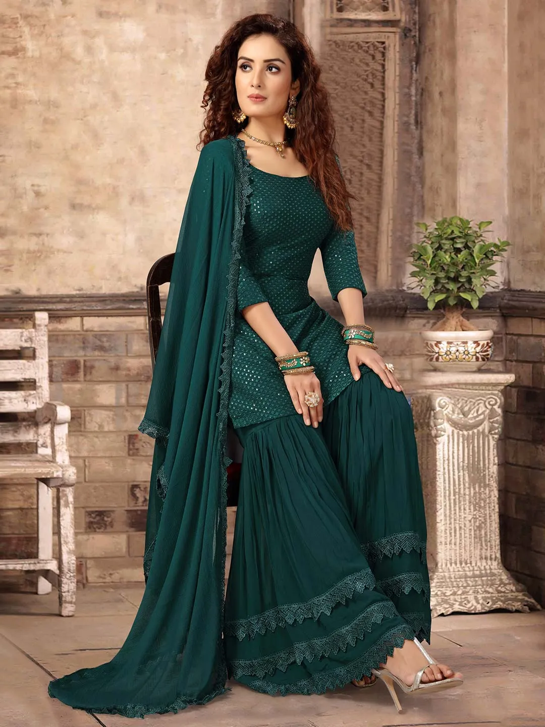 Punjabi green color party wear pakistani designer sharara...