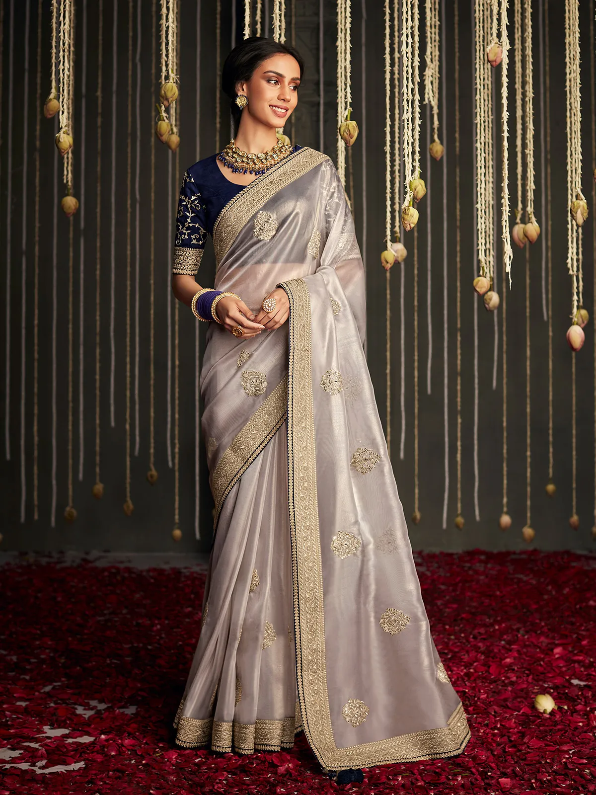 Beautiful shipping Silver Tissue Silk Saree With Unstitched Blouse For Women Wedding Wear Party Wear Festive Wear Sari