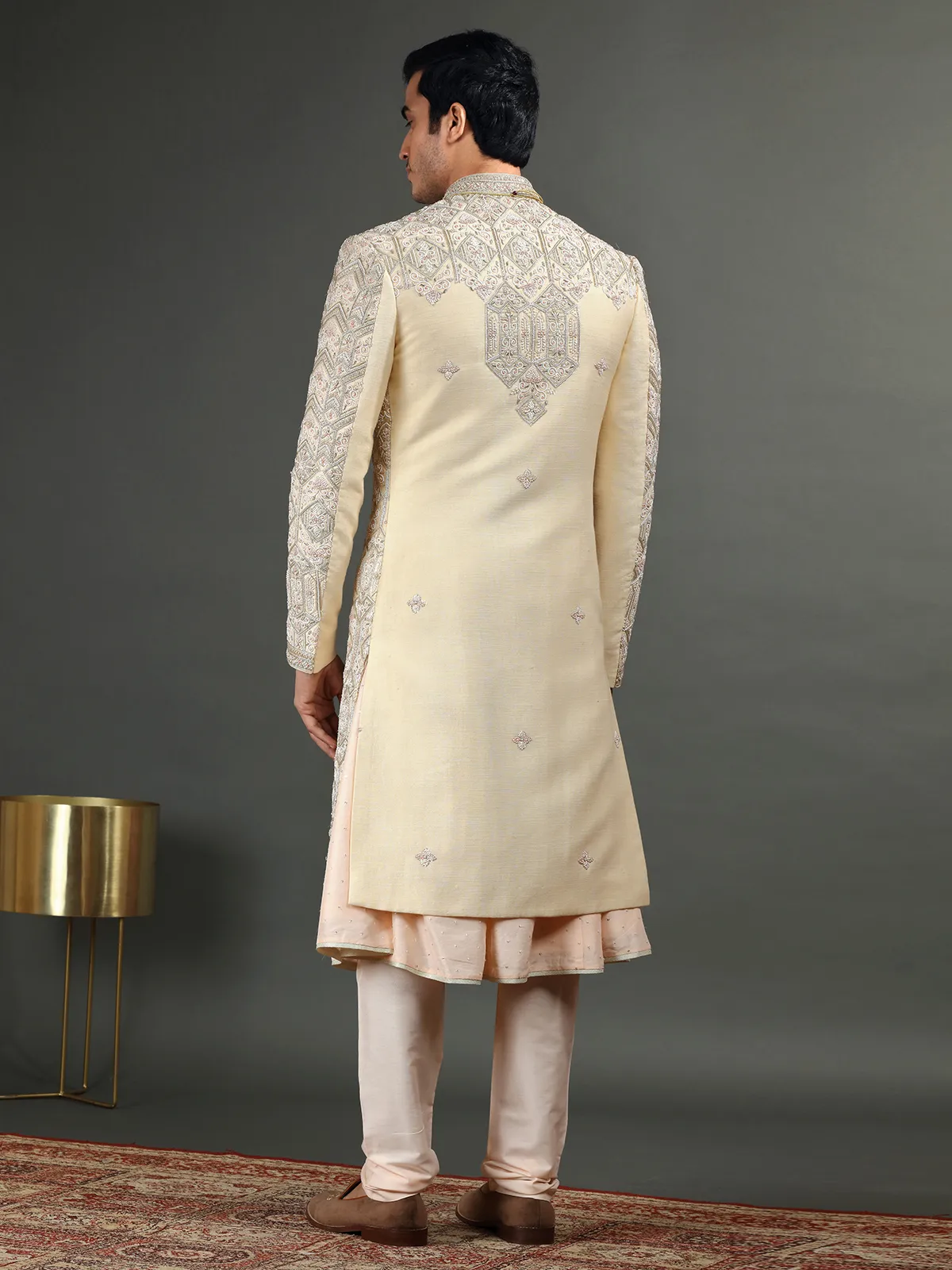 Raw silk peach and beige sherwani-G3-MSH7705