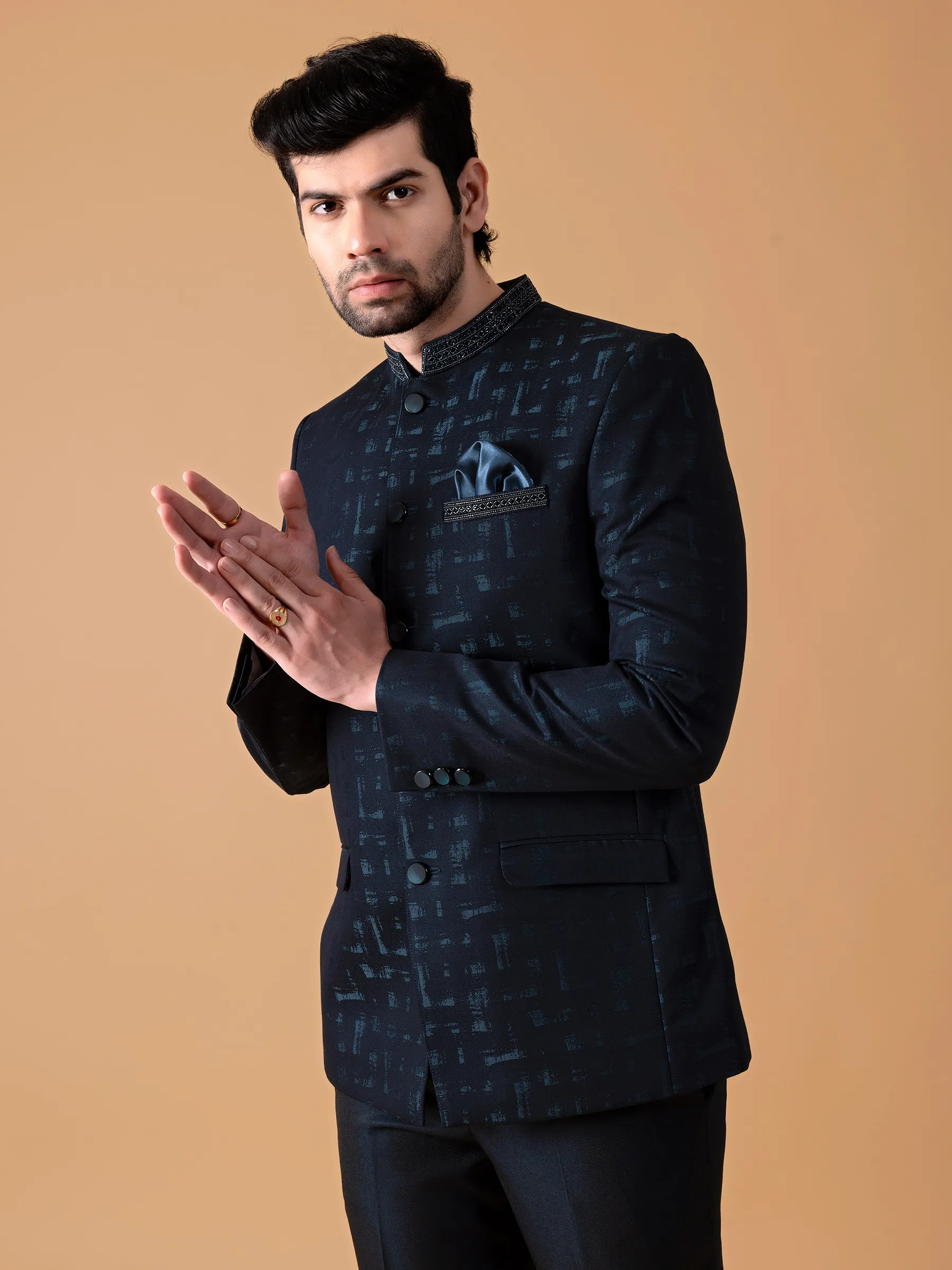 Teal blue printed jodhpuri suit G3 MCO1334 United Kingdom