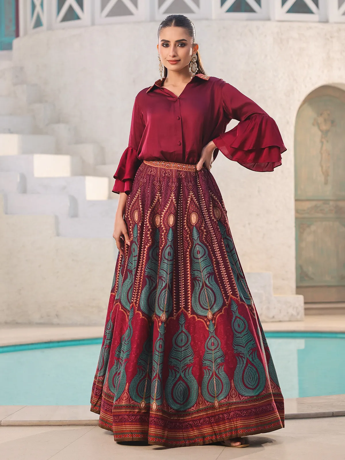 Wine raw silk shirt with lehenga-G3-WLC14611 | United States