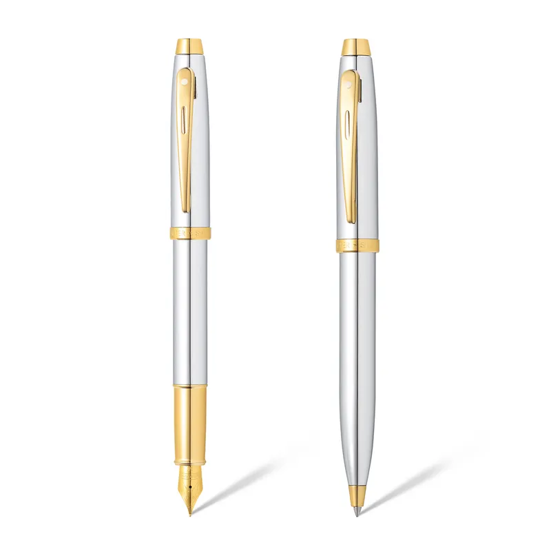 Sheaffer Gift Set 100 9340 Fountain Pen (M) and Rollerball Pen Bright Chrome with Gold Trims - Set of 2 Pens