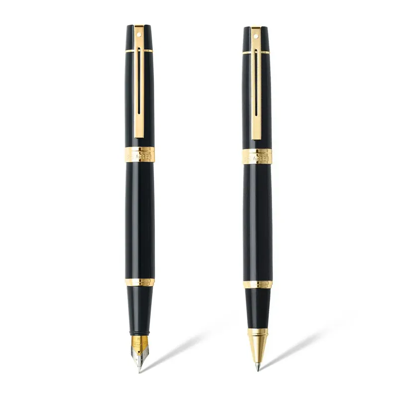 Sheaffer Gift Set 300 9325 Fountain Pen (M) and Rollerball Pen Glossy Black and Gold Trims - Set of 2 Pens