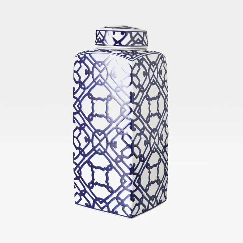 HIROSHI jar with lid blue/white - H41cm