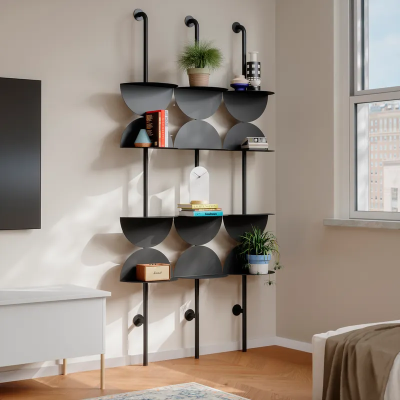 SOLIS adjustable shelves black set of 4 - 204x35cm