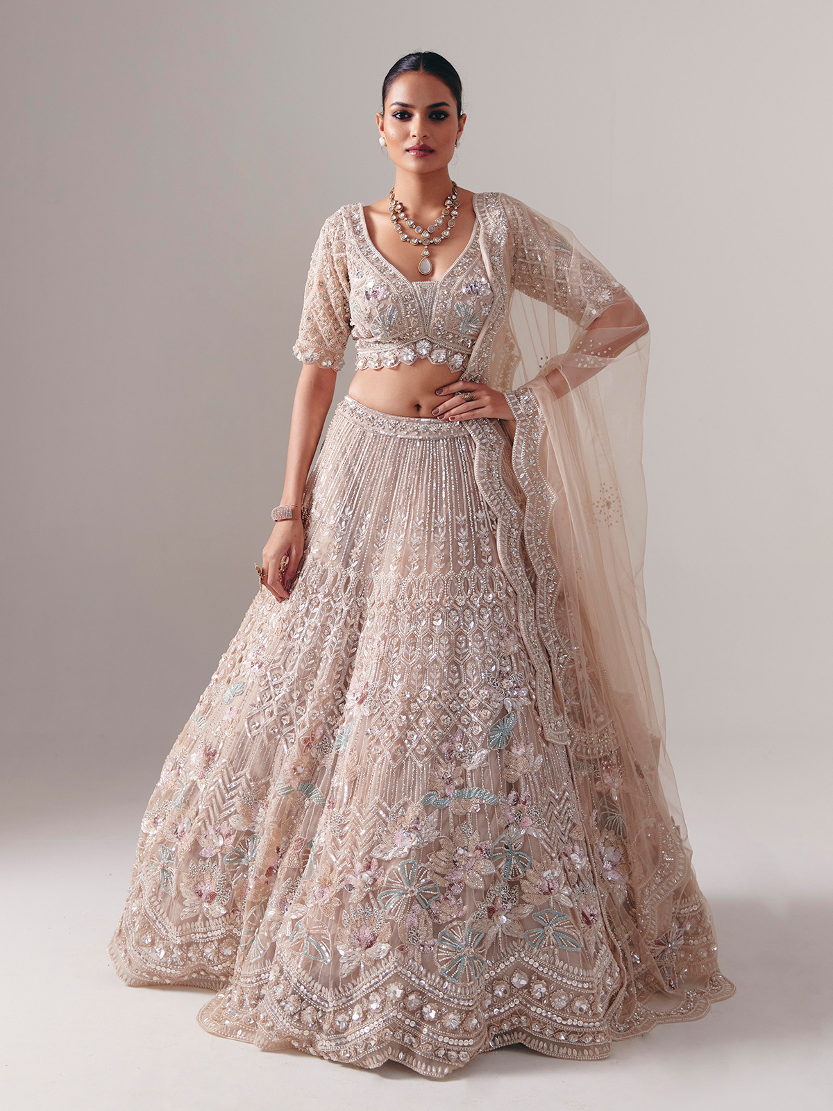Beige Net Diamond and Pearl Bridal Lehenga Choli