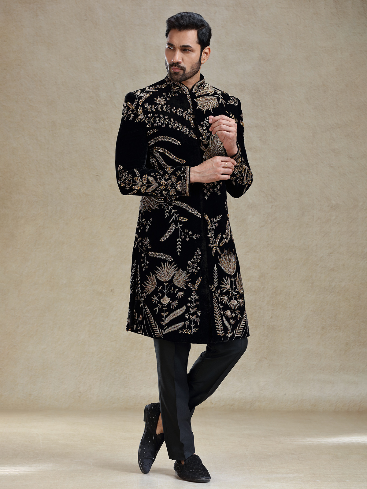 Black Golden Zardosi Velvet Long Sherwani, raised three-dimensional embroidery