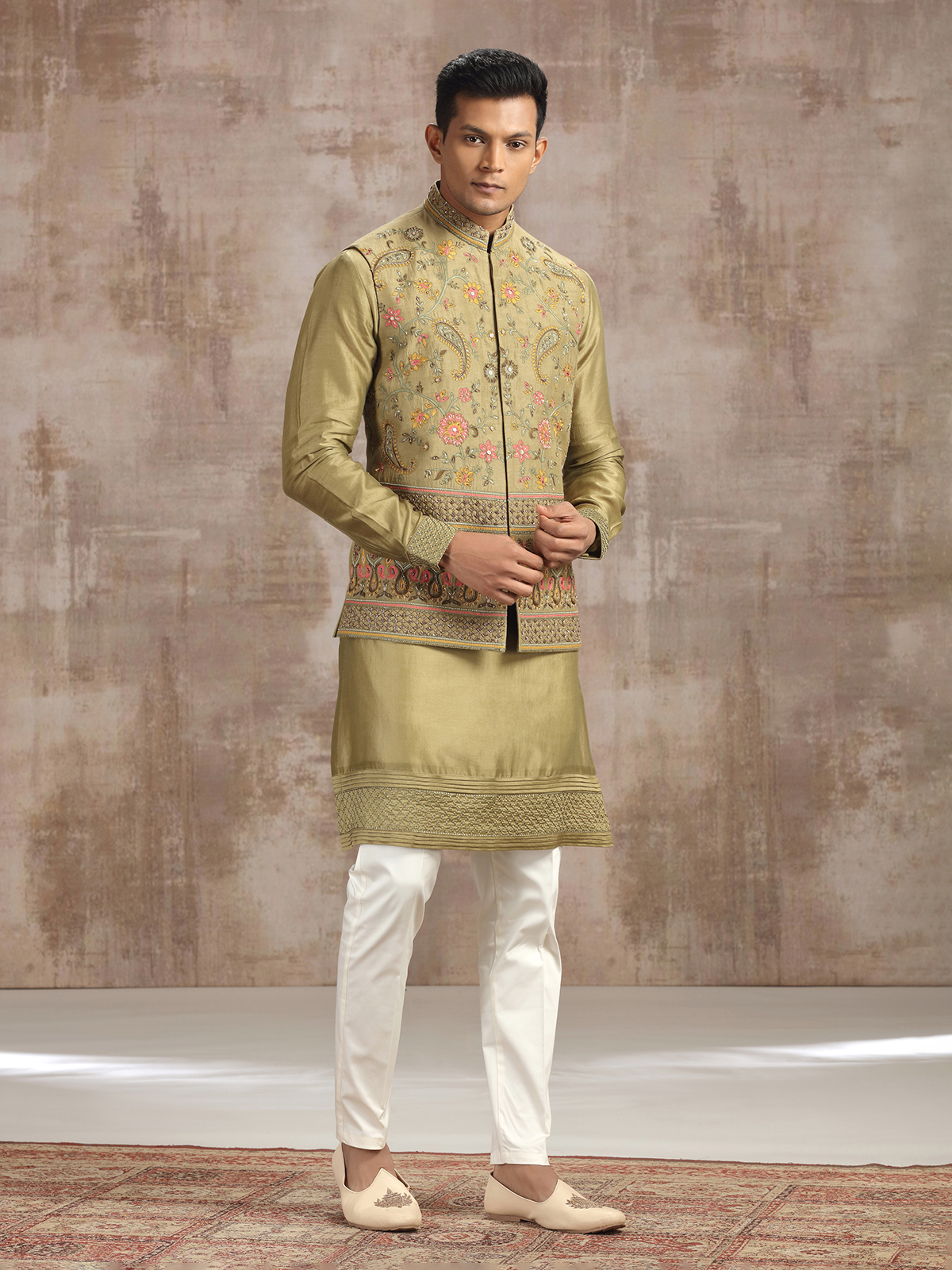 Earth Green Silk Waistcoat Set with Embroidery, pair with comb over or fringe