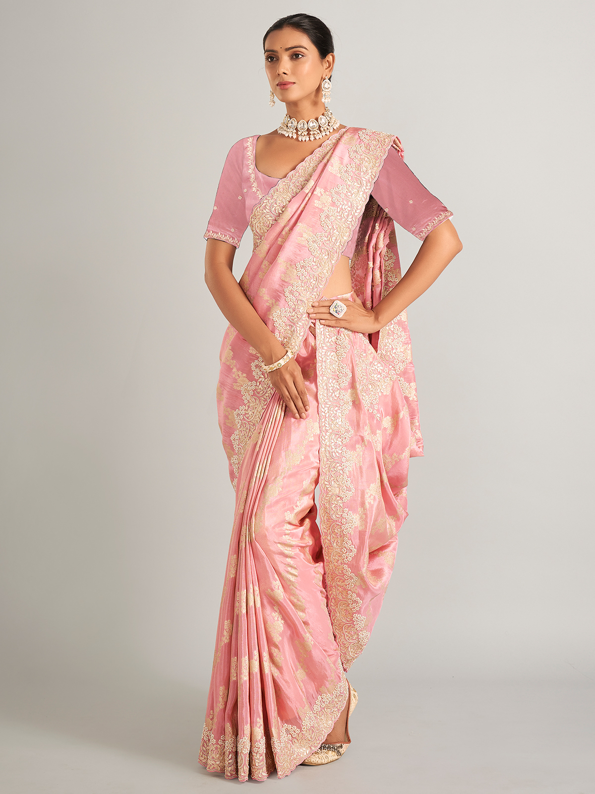 Glowing light pink zari silk saree, medium depth tone for occasions