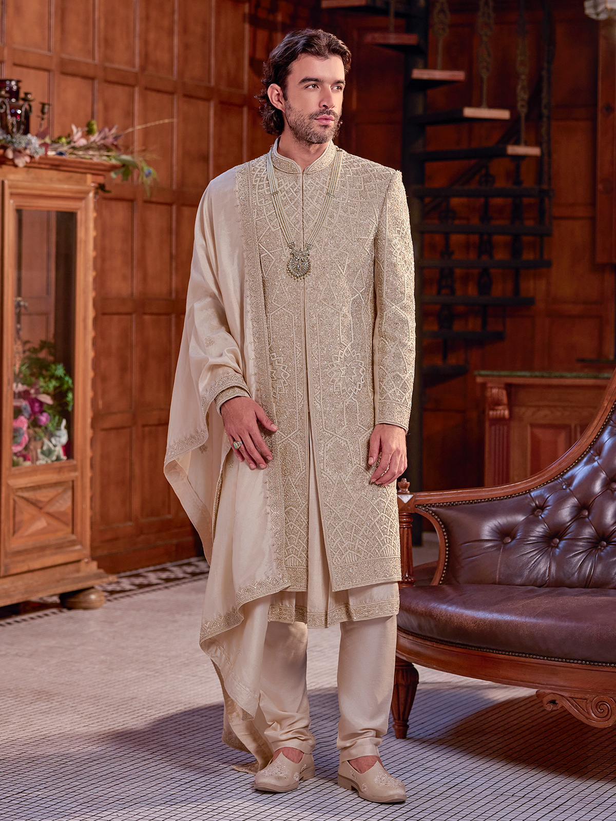 Golden Art Silk Sherwani, brocade weave heritage fabric
