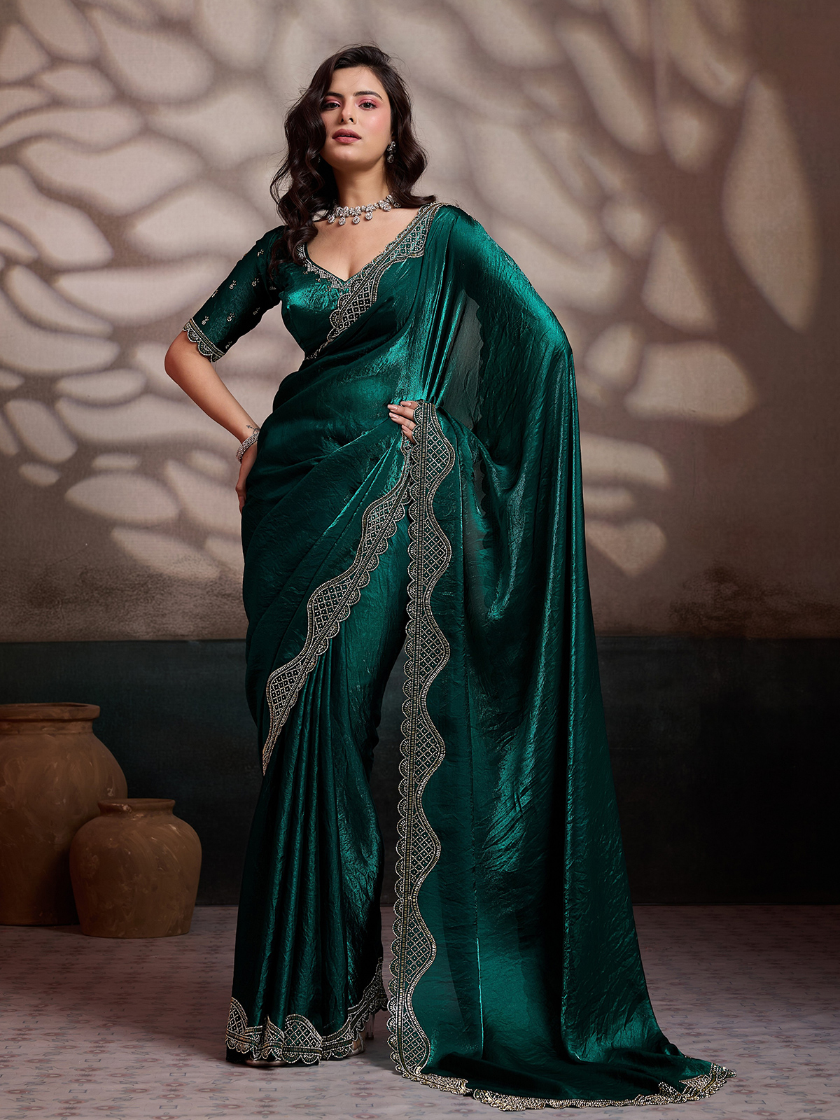 Green wedding satin silk saree stone border, rich wedding for curvy women