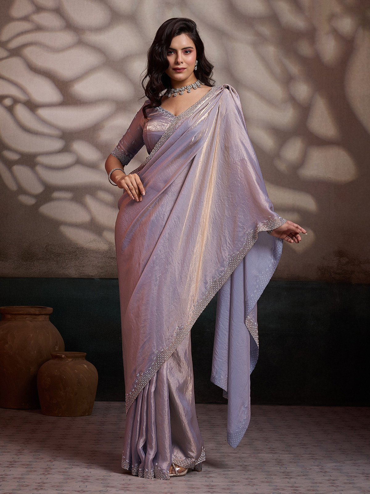 Lavender satin silk saree stone border, occasion wear short height women