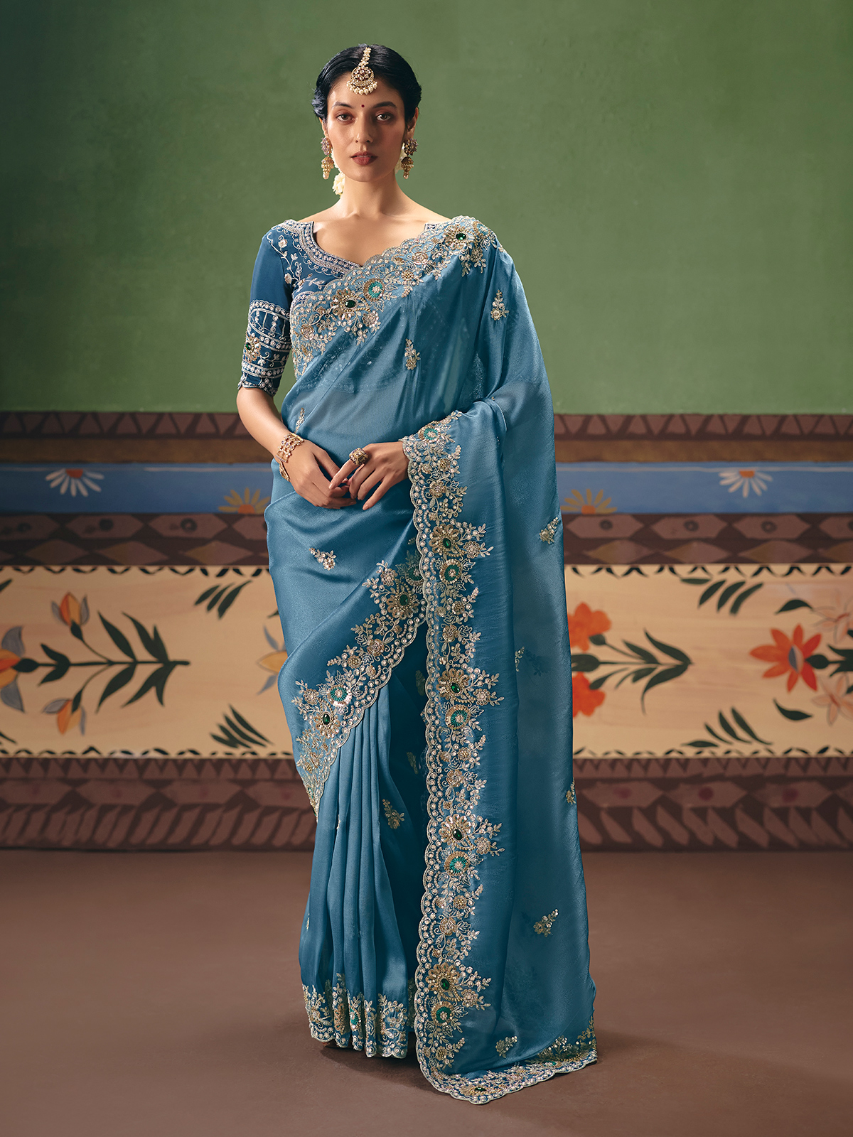 Light blue fancy silk wedding wear saree, elegant for short height bride