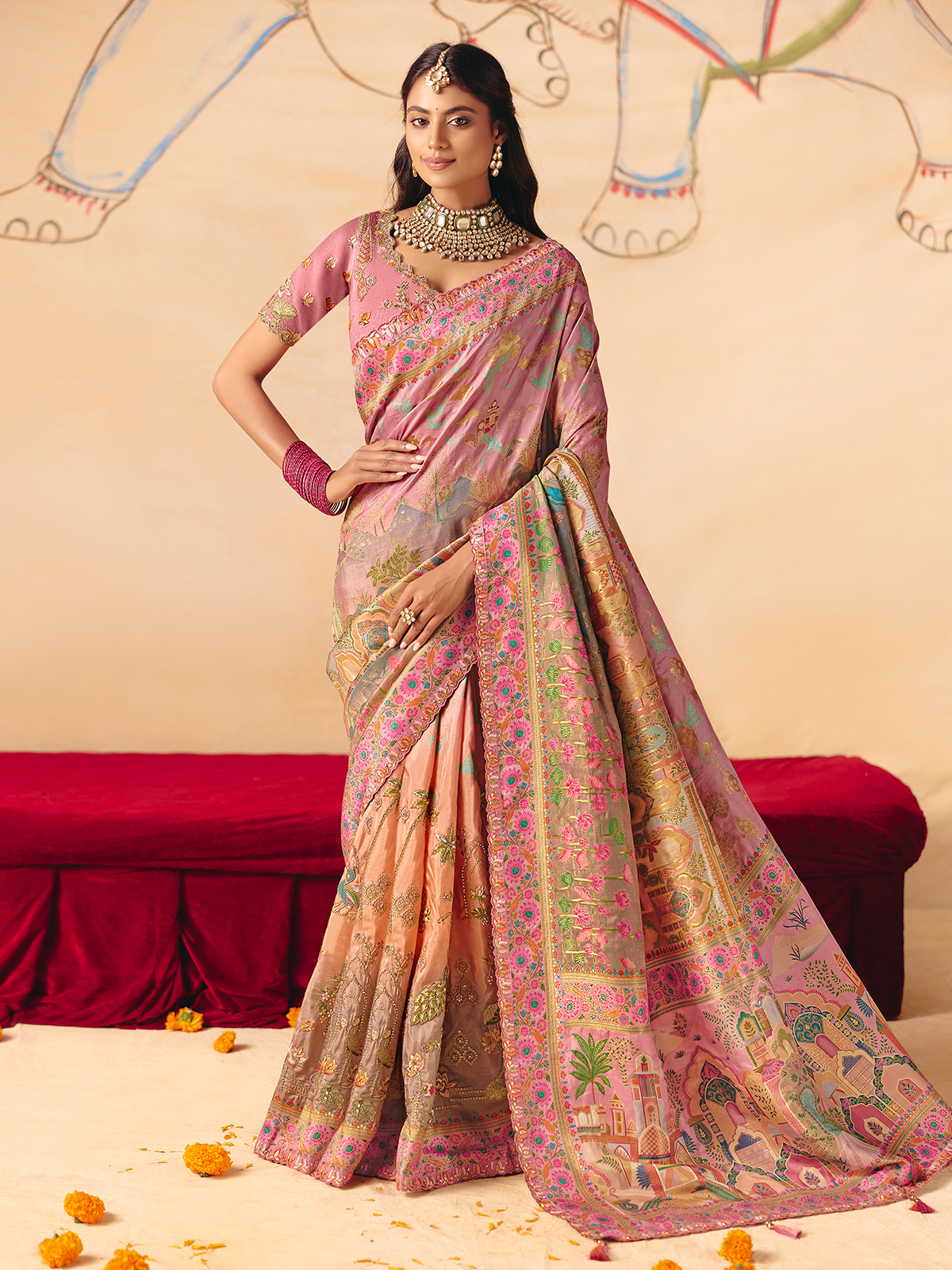 Light Pink Peach Shaded Peacock Motif Banarasi Silk Saree, ideal for South Indian wedding pleated pallu
