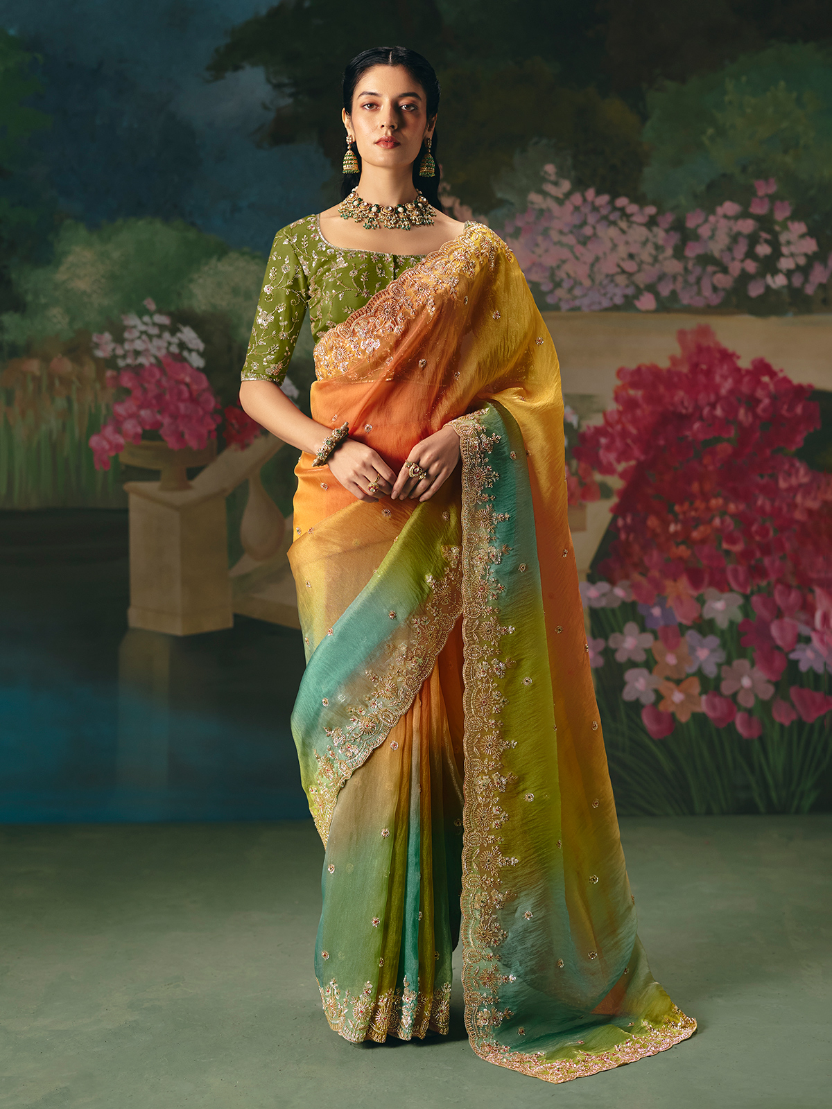 Multicolor chinon silk saree, fluid fabric for short height petite women