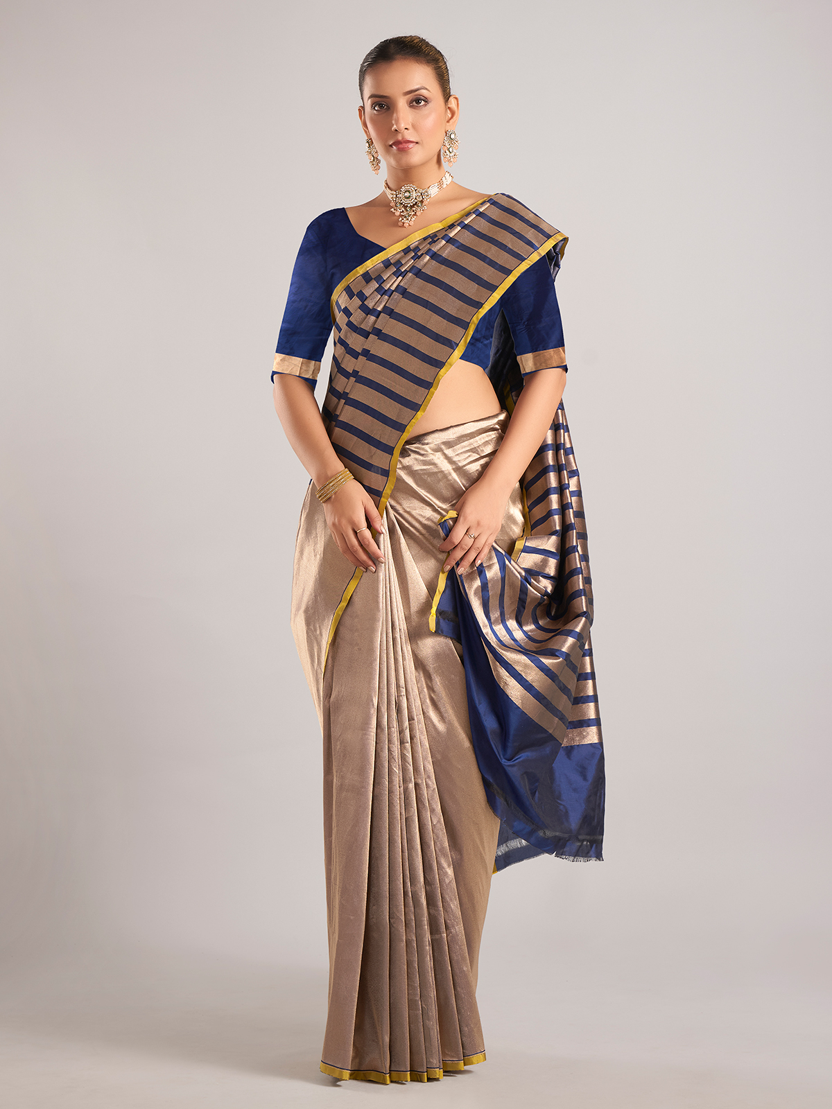 Navy silk saree zari weaving, dark elongating colour for short height women