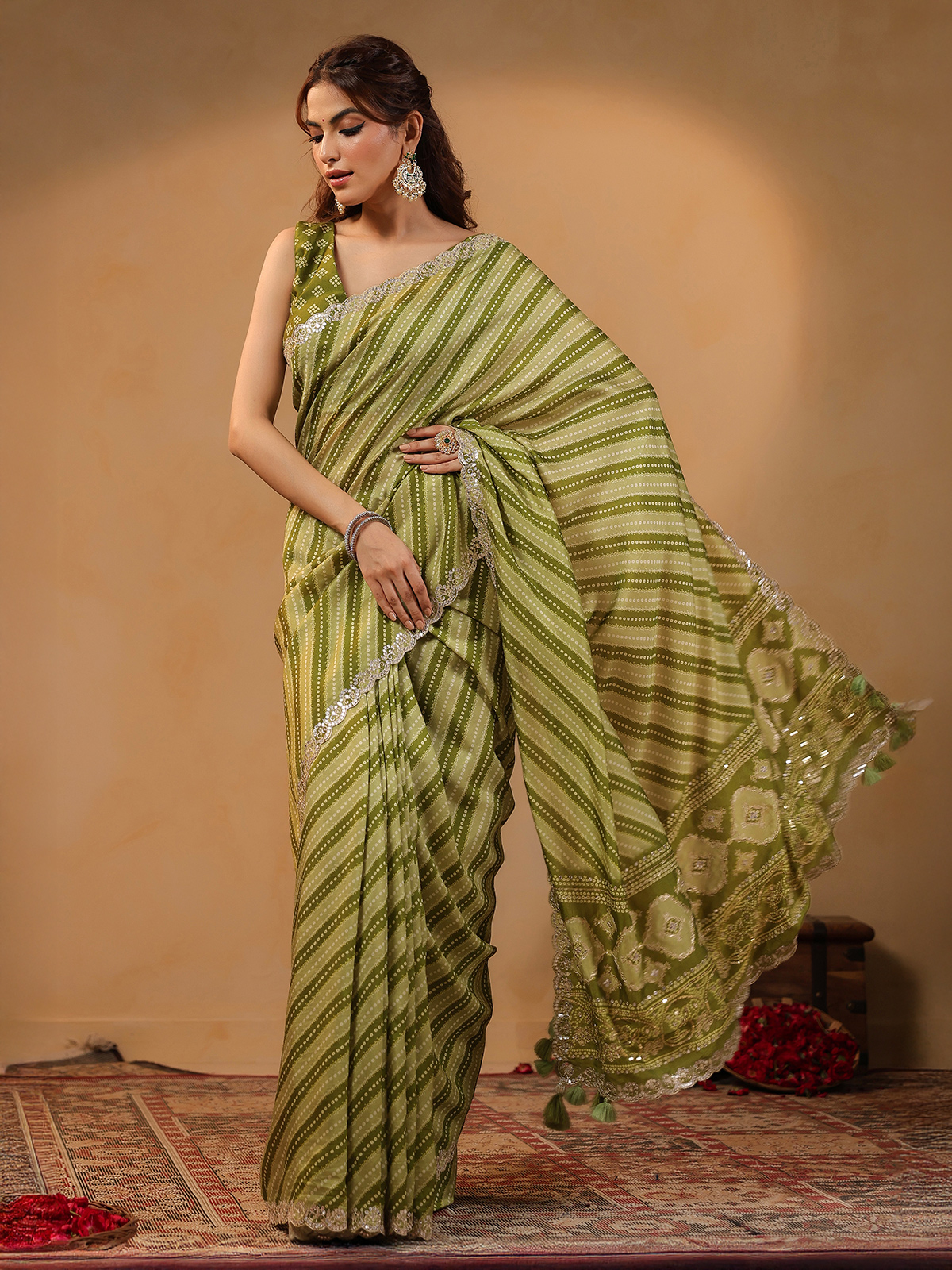 Olive printed silk saree small print gota, ideal for short height petite frame