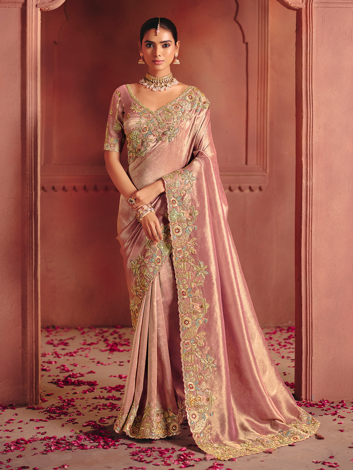Onion Pink Wedding Saree with Ornate Handcrafted Elegance, seedha pallu draping