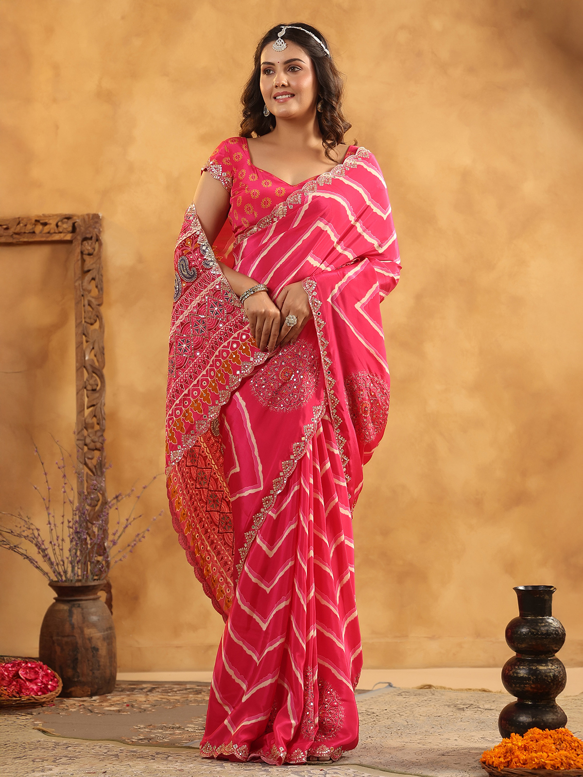 Pink printed silk saree aabla detailing, festive farewell saree short height