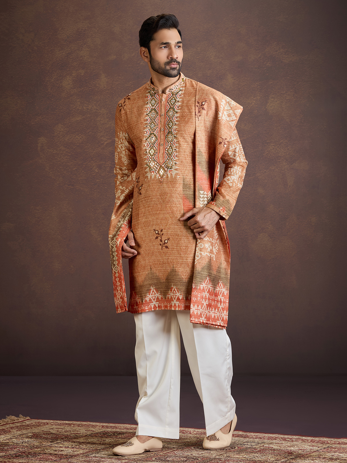 open lace back dress Party Wear Dupion Silk Men's Kurta Pyjama with Scarf Indian Clothes – Maple  Clothing Inc main image 1