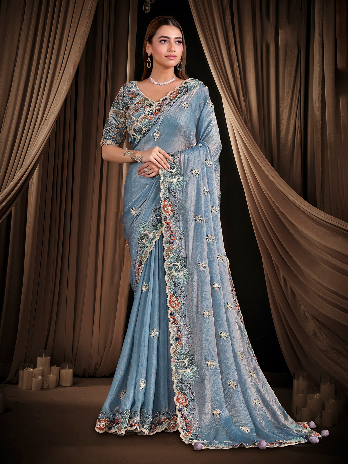 Sky blue satin silk reception saree, elegant draping for fuller figure