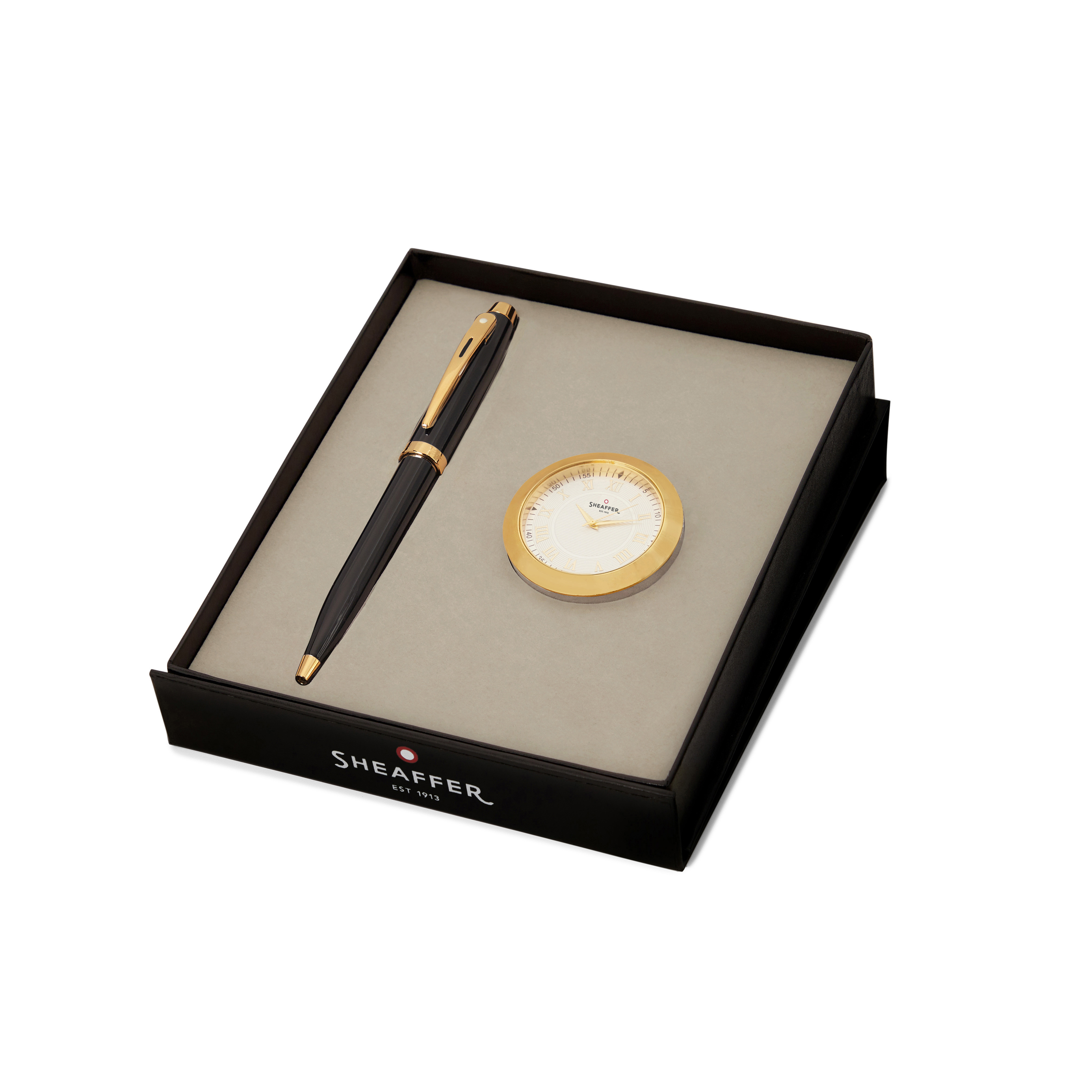 Sheaffer Gift Collection 100 - 9322 Glossy Black Ballpoint Pen with Gold Trims and Table Clock